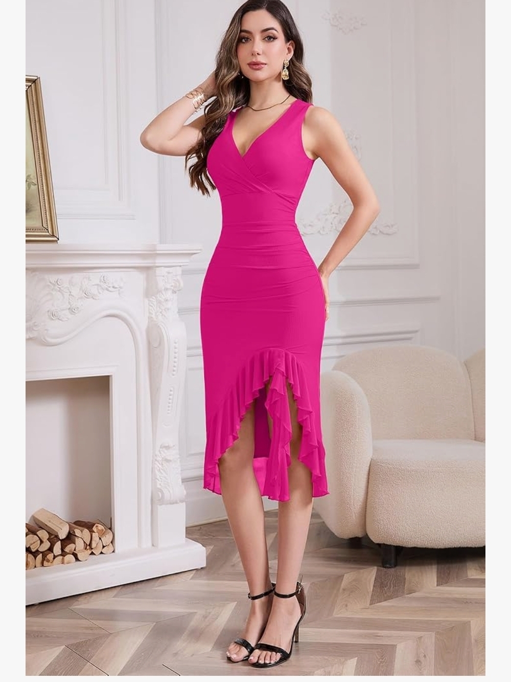 Fuchsia Ruffle-Hem V-Neck High-Low Dress - Picture 2 of 6